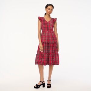 J. Crew Tartan Plaid Holiday Flutter-sleeve Midi dress Red Black 8